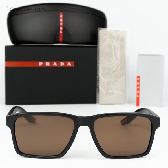 NEW Prada Linea Rossa PS05YS DG050A Black Rubber Brown Rectangle Sunglasses - Picture 2 of 7